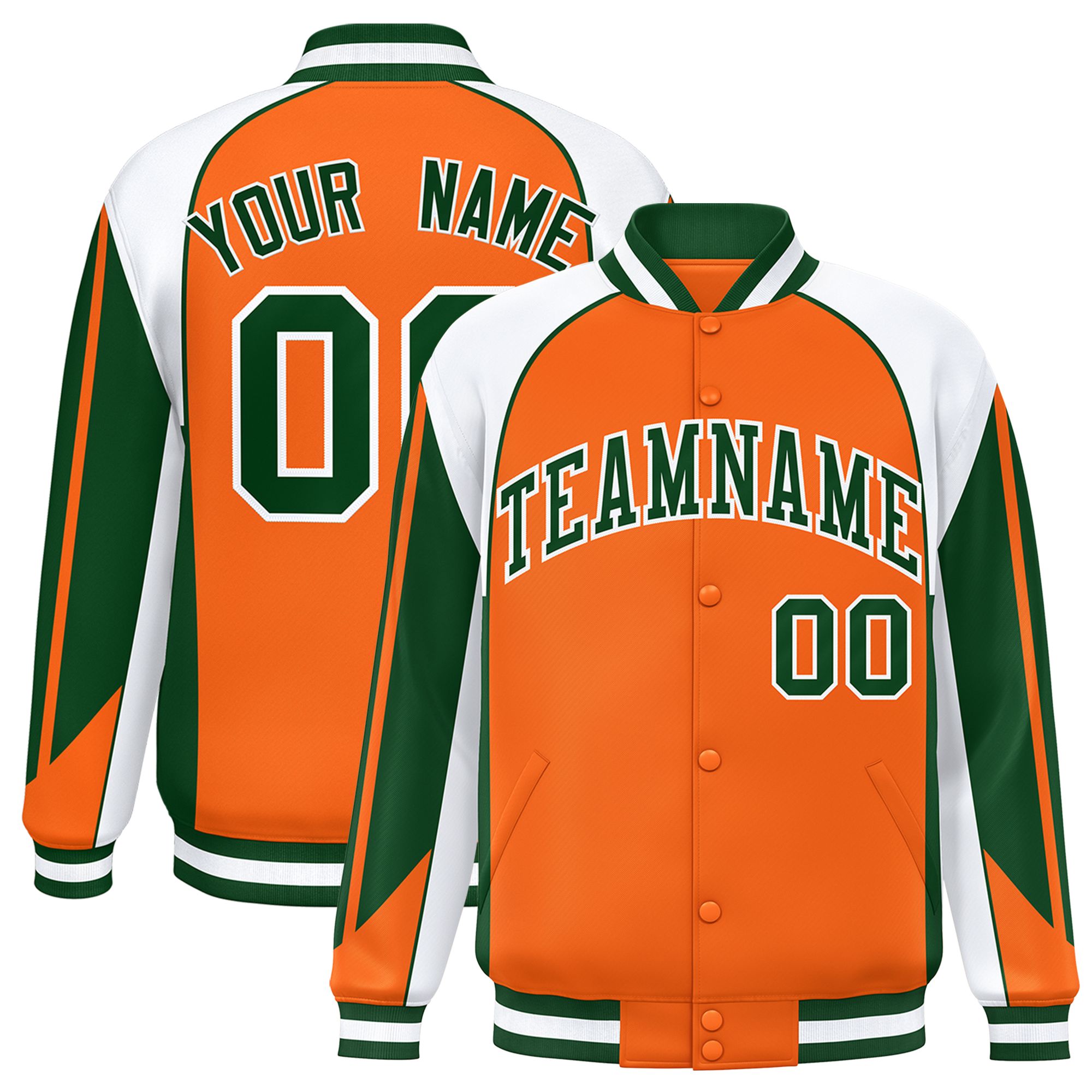 Custom Orange White Varsity Full-Snap Personalized Raglan Sleeves Color Block Letterman Jacket