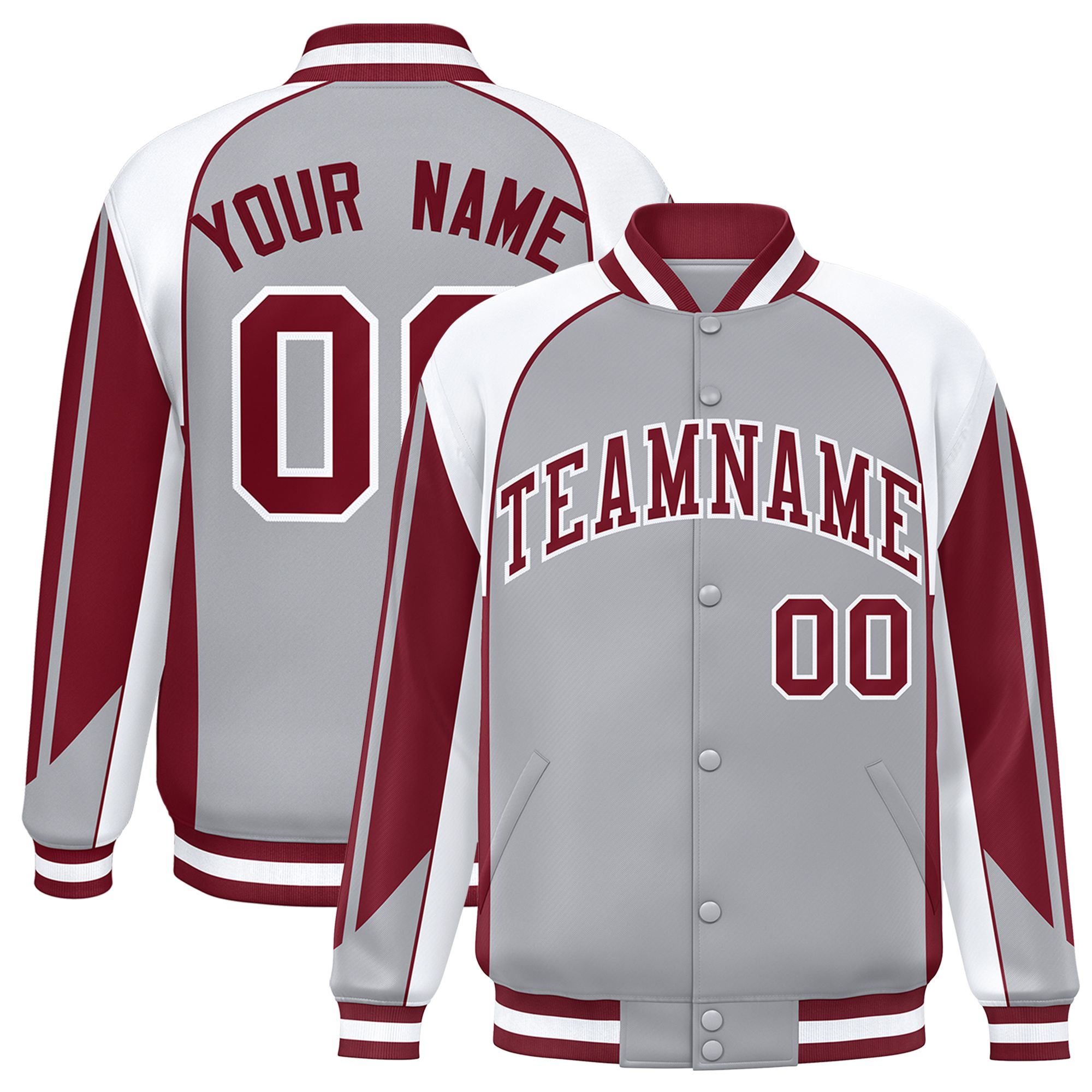 Custom Gray White Varsity Full-Snap Personalized Raglan Sleeves Color Block Letterman Jacket