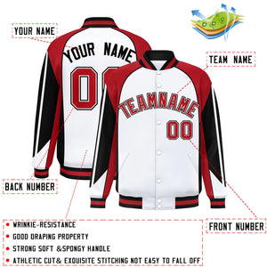 Custom White Red Varsity Full-Snap Personalized Raglan Sleeves Color Block Letterman Jacket