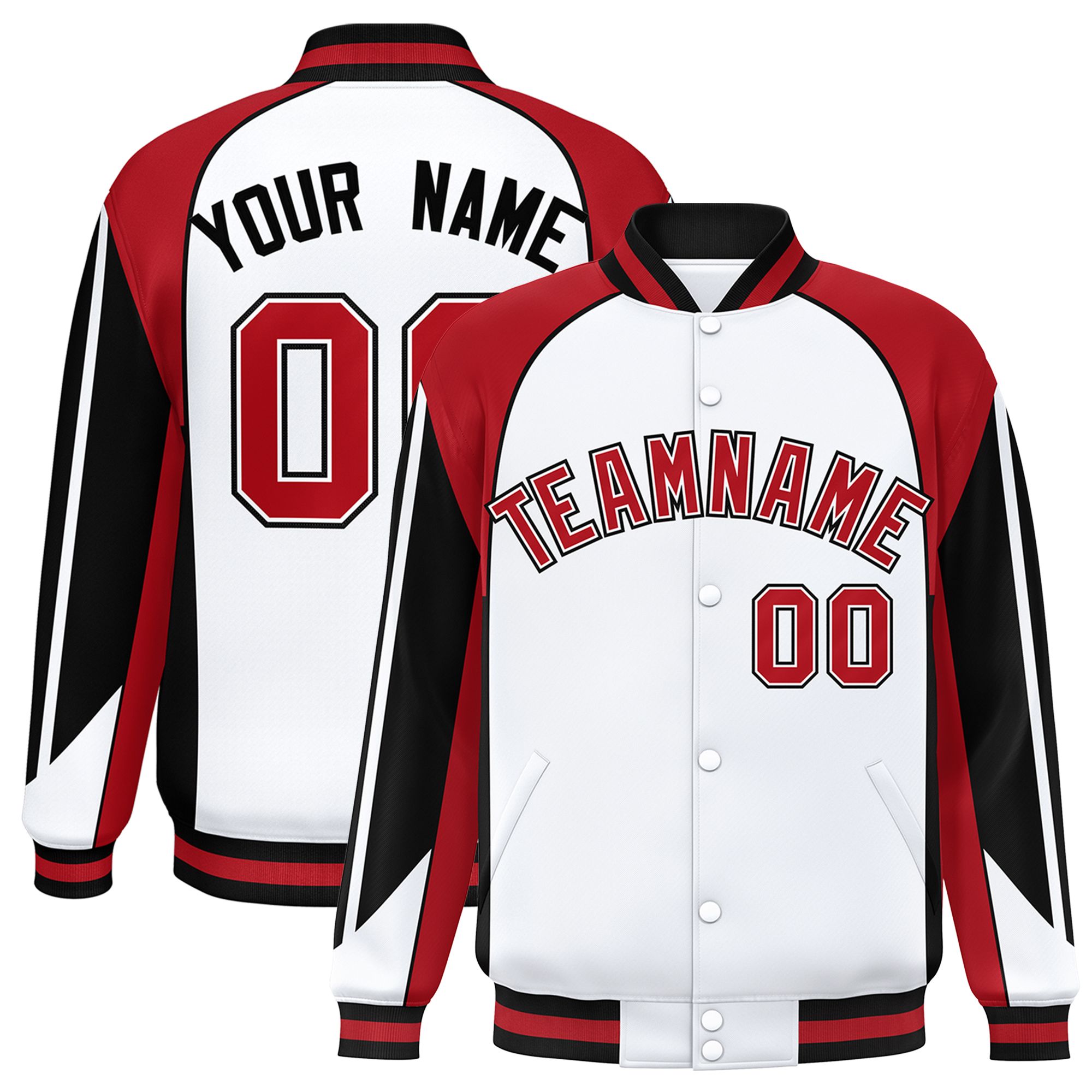 Custom White Red Varsity Full-Snap Personalized Raglan Sleeves Color Block Letterman Jacket