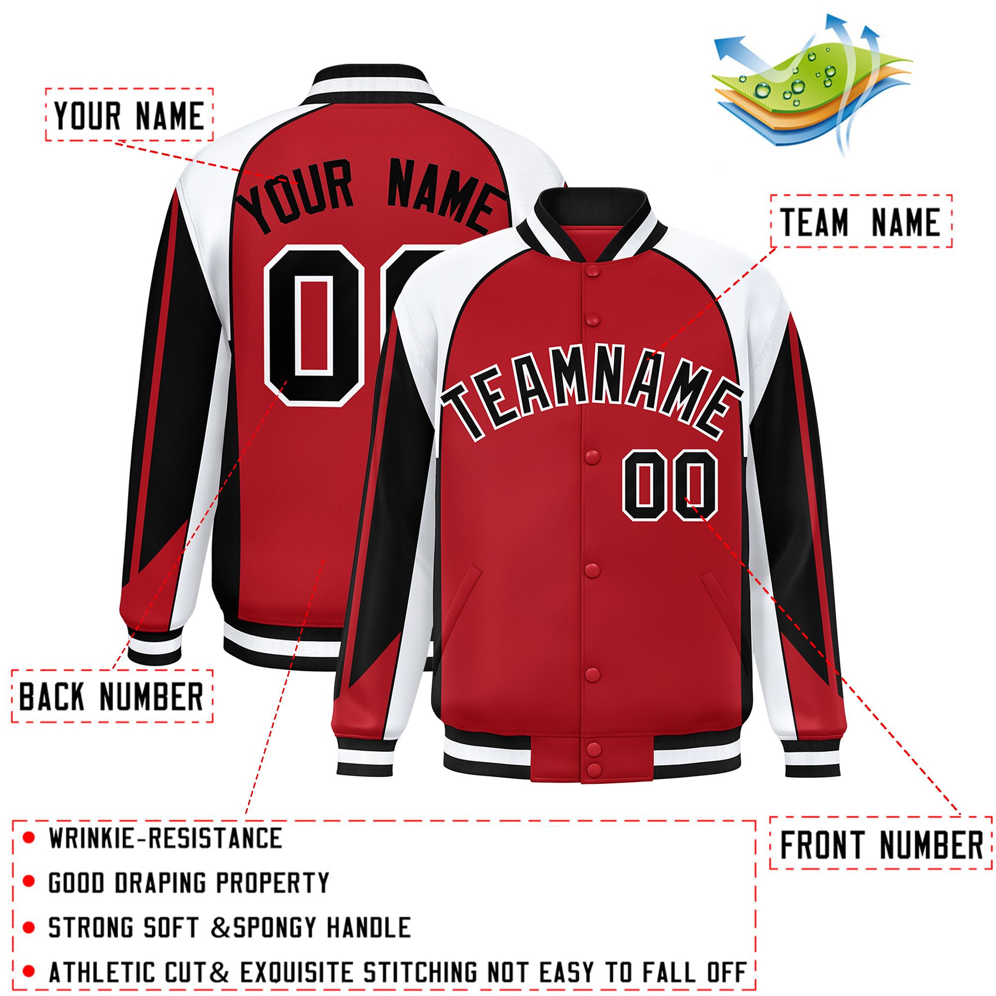 Custom Red White Varsity Full-Snap Personalized Raglan Sleeves Color Block Letterman Jacket