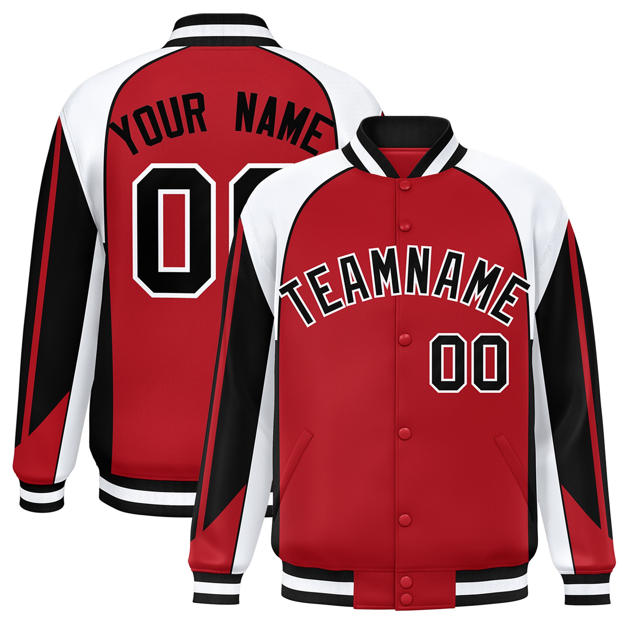 Custom Red White Varsity Full-Snap Personalized Raglan Sleeves Color Block Letterman Jacket