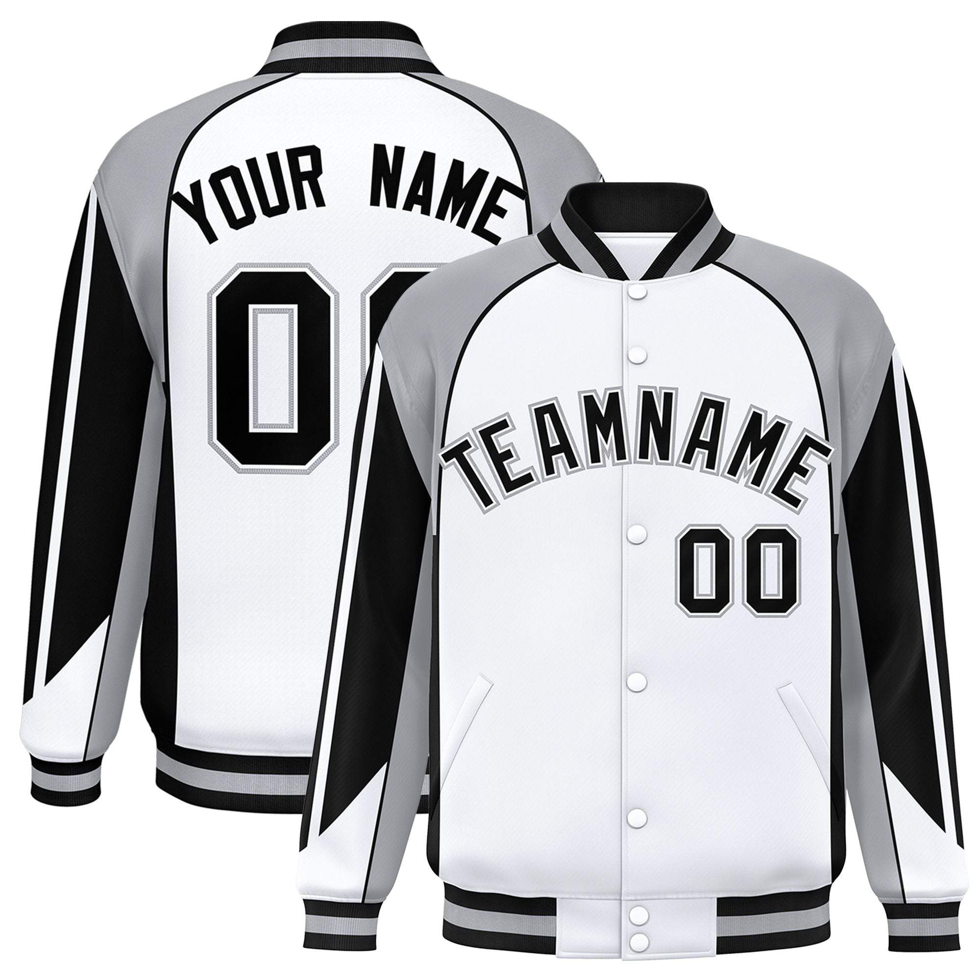 Custom White Gray Varsity Full-Snap Personalized Raglan Sleeves Color Block Letterman Jacket