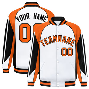 Custom White Orange Varsity Full-Snap Personalized Raglan Sleeves Color Block Letterman Jacket