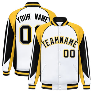 Custom White Gold Varsity Full-Snap Personalized Raglan Sleeves Color Block Letterman Jacket