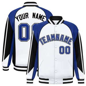 Custom White Royal Varsity Full-Snap Personalized Raglan Sleeves Color Block Letterman Jacket