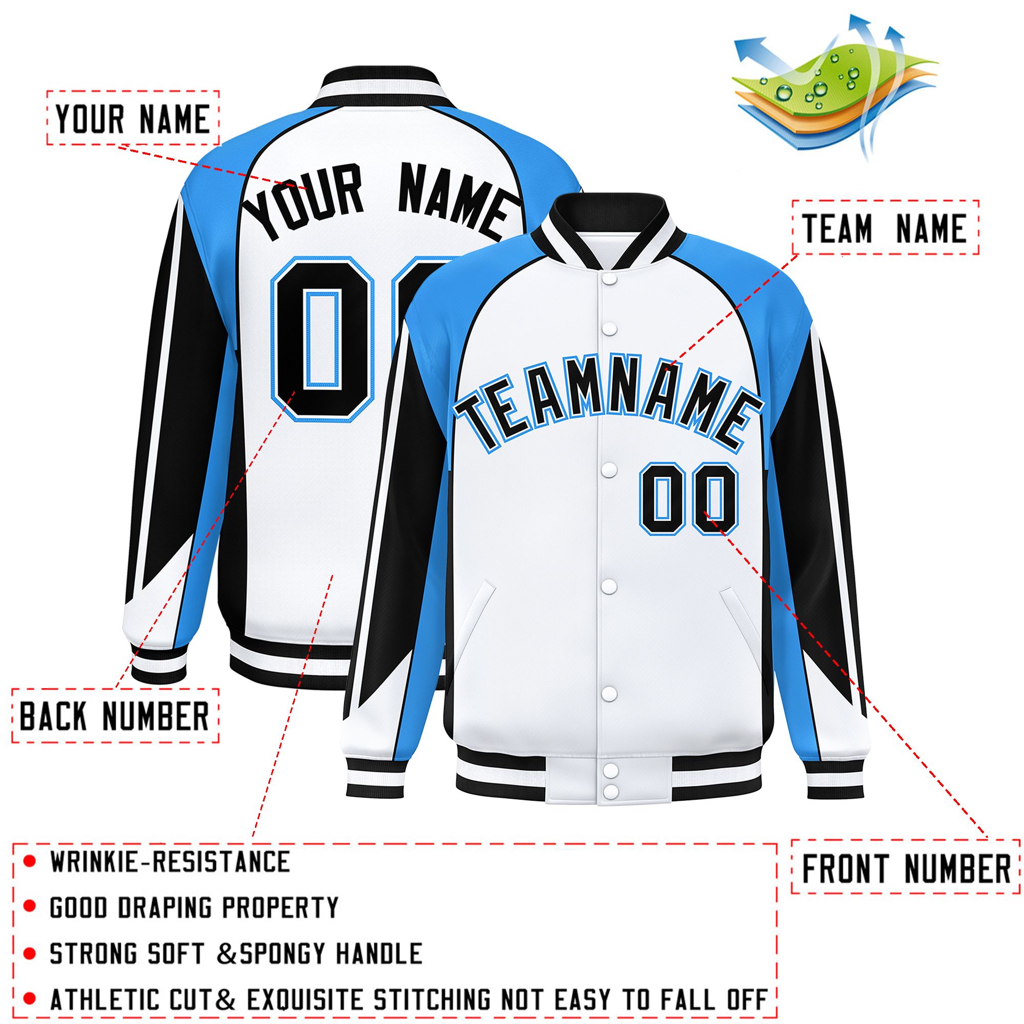 Custom White Powder Blue Varsity Full-Snap Personalized Raglan Sleeves Color Block Letterman Jacket