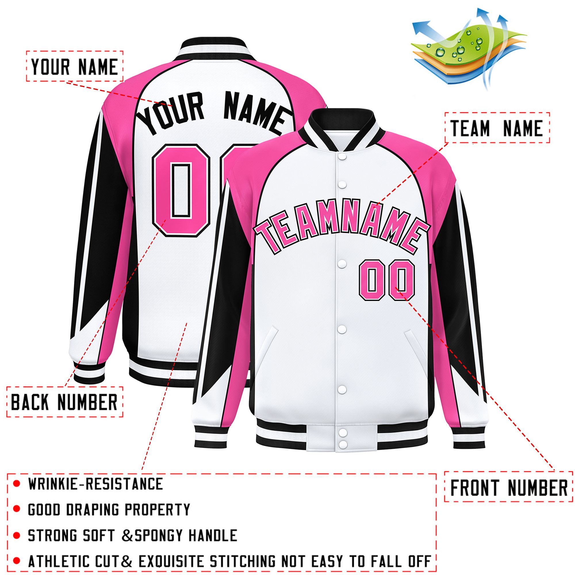 Custom White Pink Varsity Full-Snap Personalized Raglan Sleeves Color Block Letterman Jacket