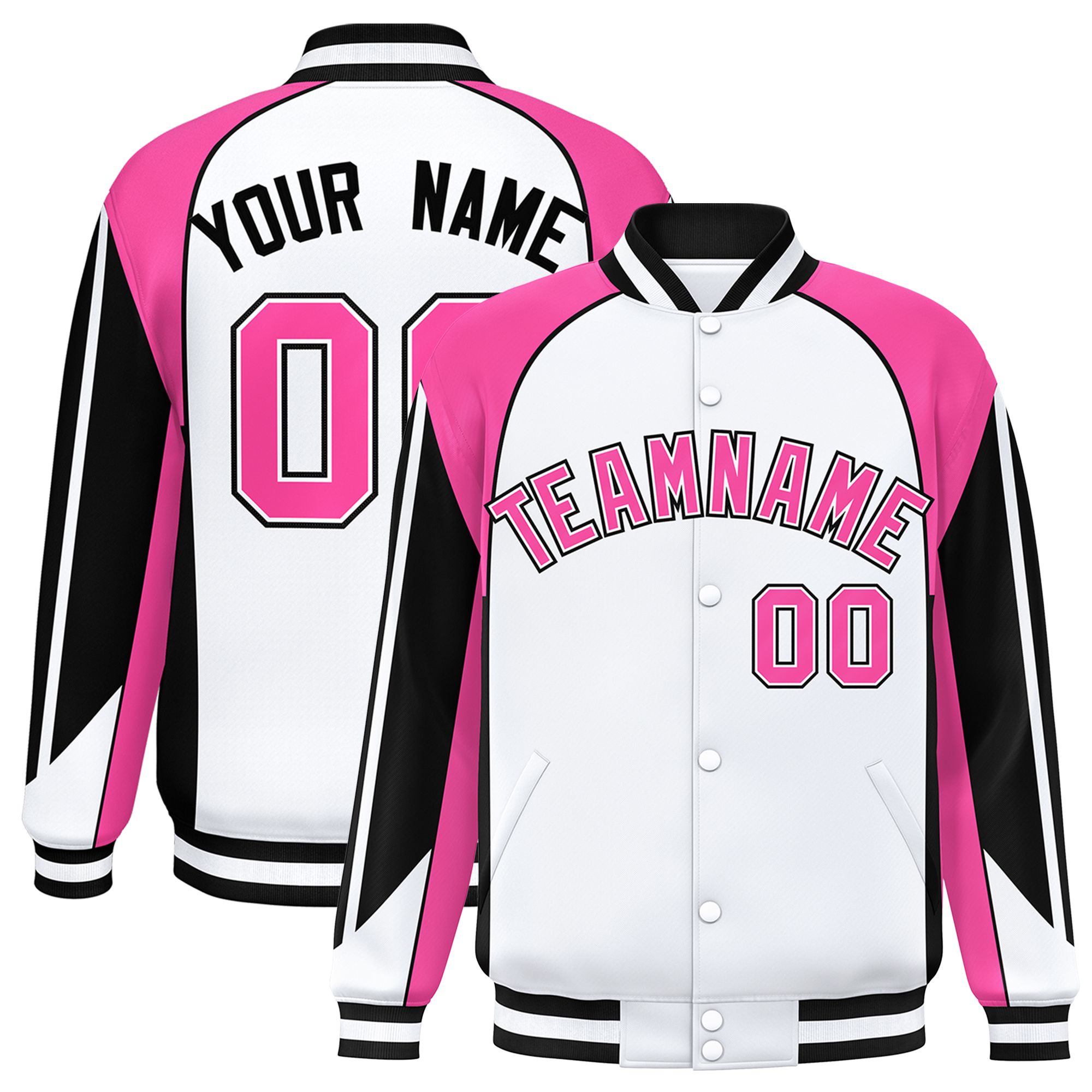 Custom White Pink Varsity Full-Snap Personalized Raglan Sleeves Color Block Letterman Jacket