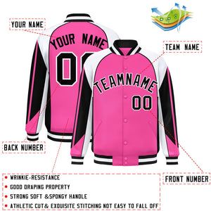 Custom Pink White Varsity Full-Snap Personalized Raglan Sleeves Color Block Letterman Jacket