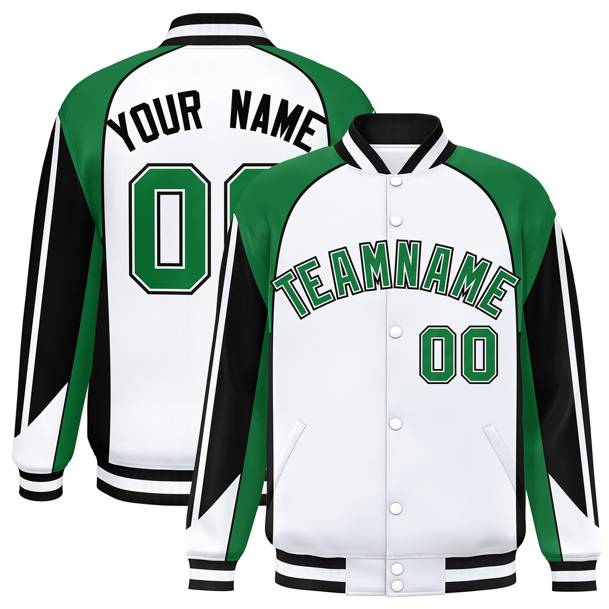 Custom White Kelly Green Varsity Full-Snap Personalized Raglan Sleeves Color Block Letterman Jacket