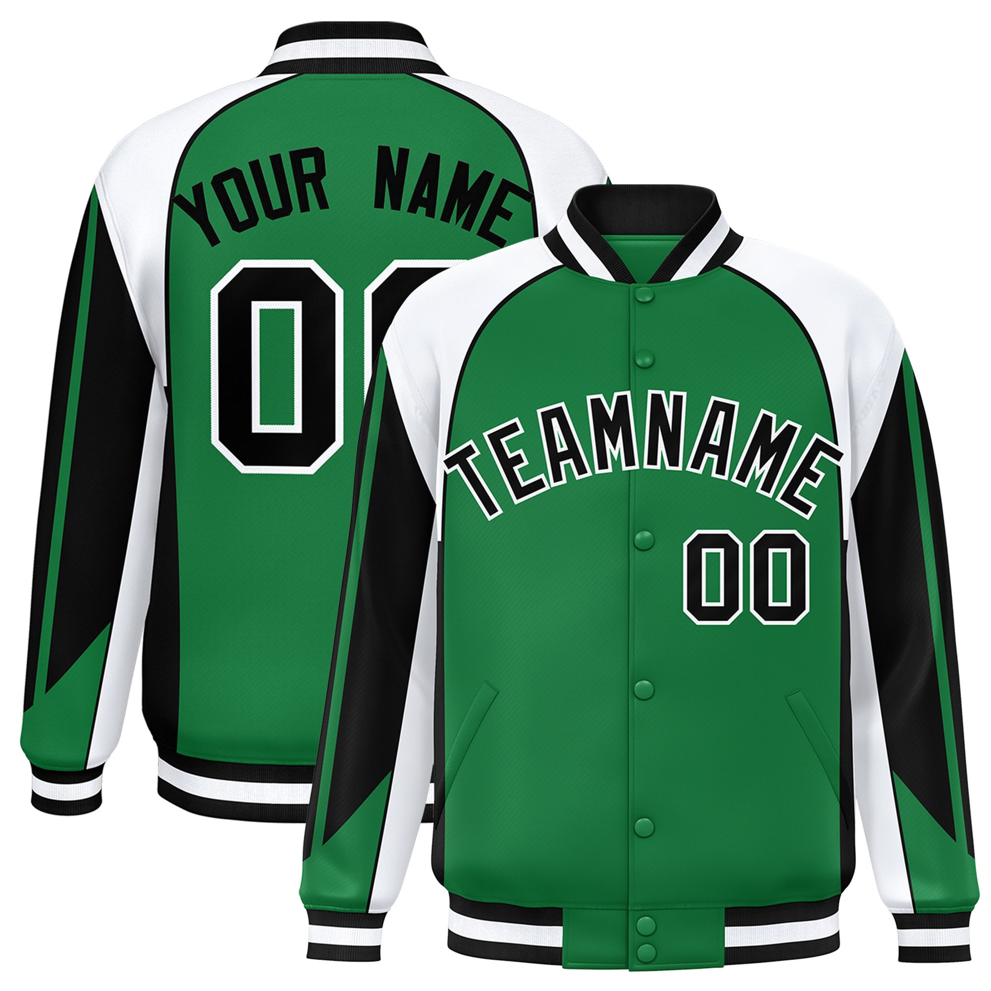 Custom Kelly Green White Varsity Full-Snap Personalized Raglan Sleeves Color Block Letterman Jacket