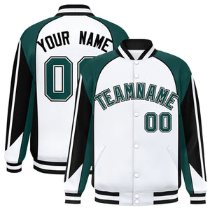 Custom White Midnight Green Varsity Full-Snap Personalized Raglan Sleeves Color Block Letterman Jacket