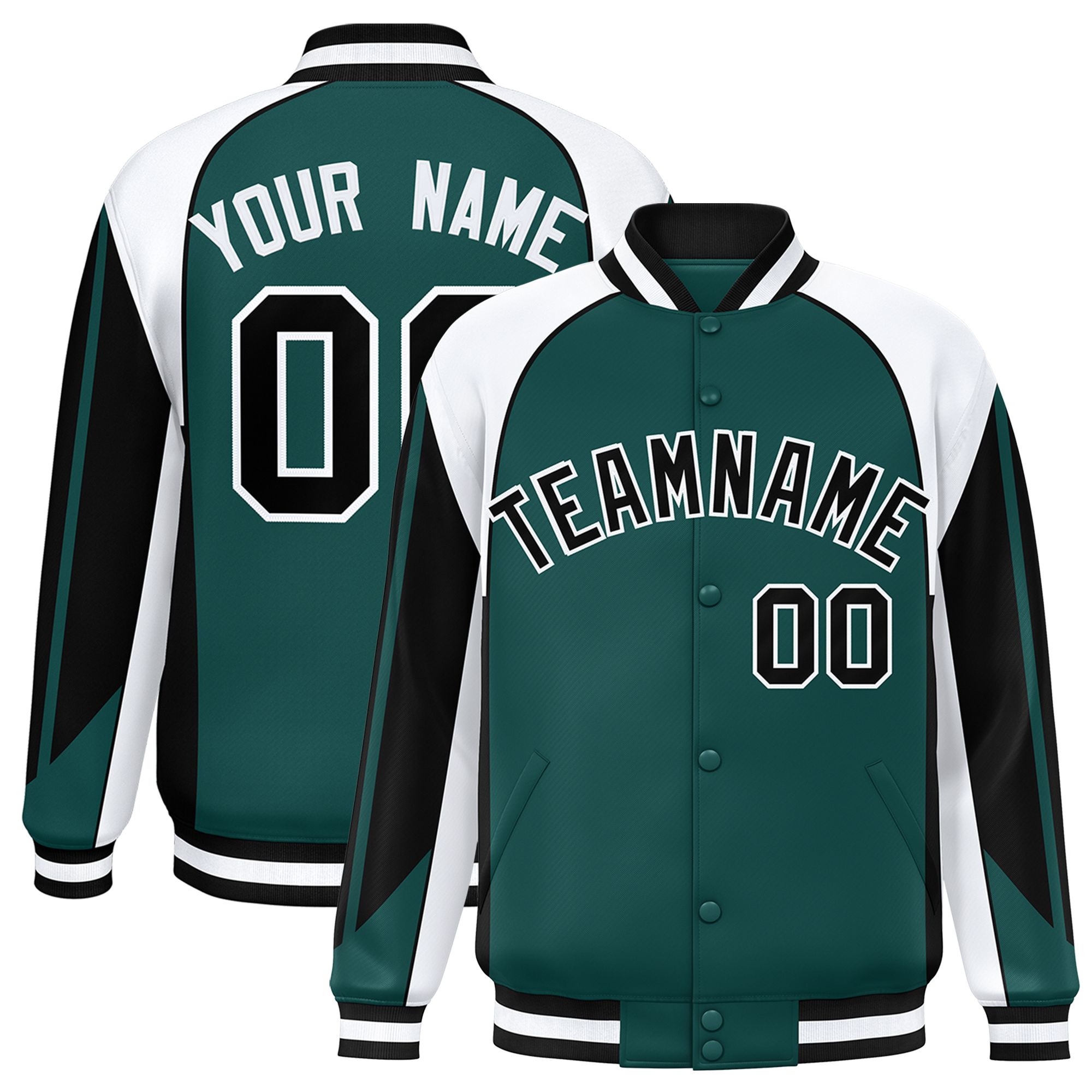 Custom Midnight Green White Varsity Full-Snap Personalized Raglan Sleeves Color Block Letterman Jacket