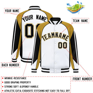 Custom White Old Gold Varsity Full-Snap Personalized Raglan Sleeves Color Block Letterman Jacket