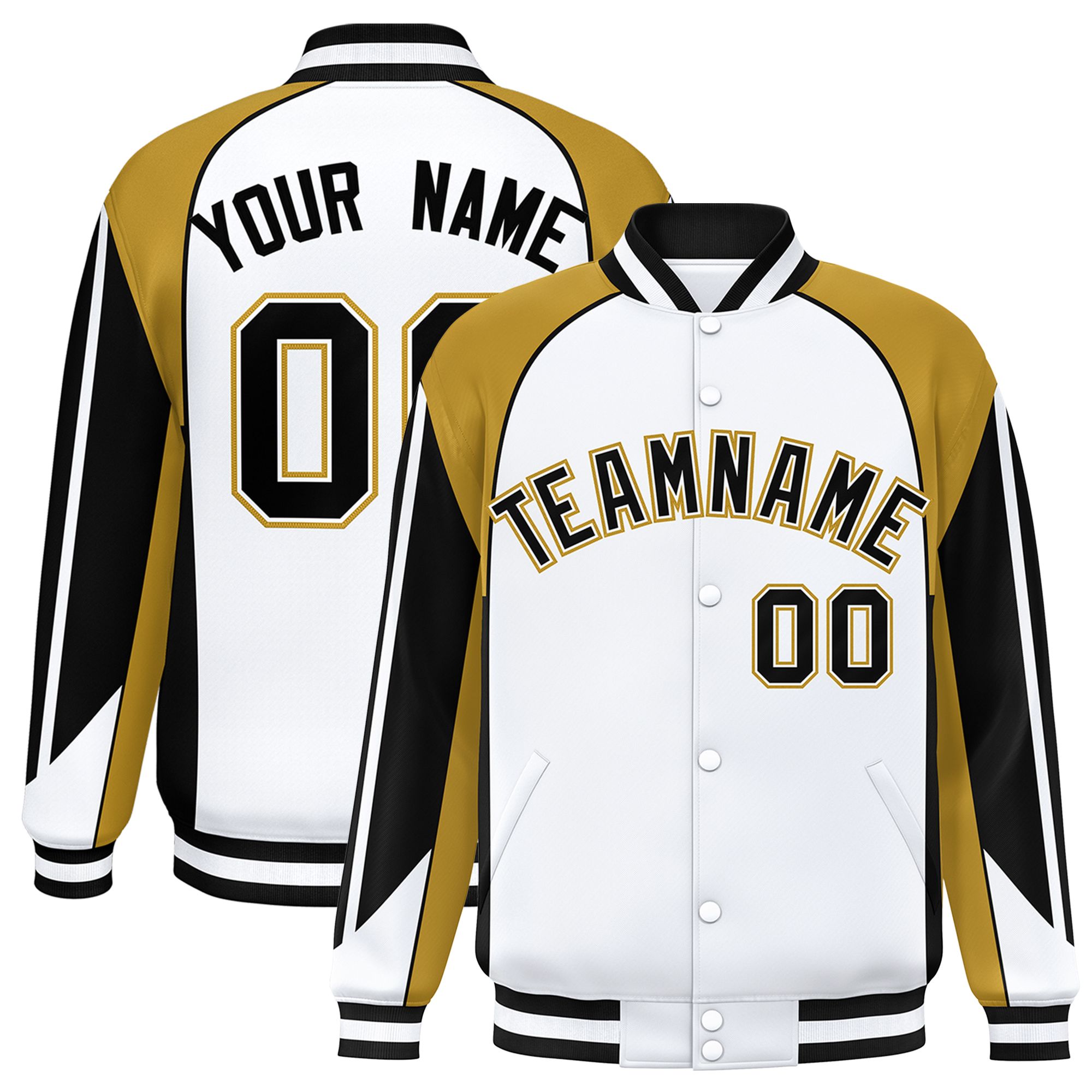 Custom White Old Gold Varsity Full-Snap Personalized Raglan Sleeves Color Block Letterman Jacket