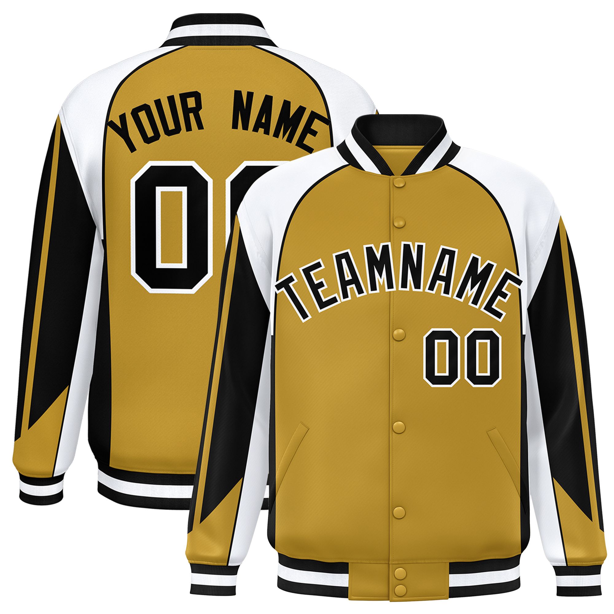 Custom Old Gold White Varsity Full-Snap Personalized Raglan Sleeves Color Block Letterman Jacket