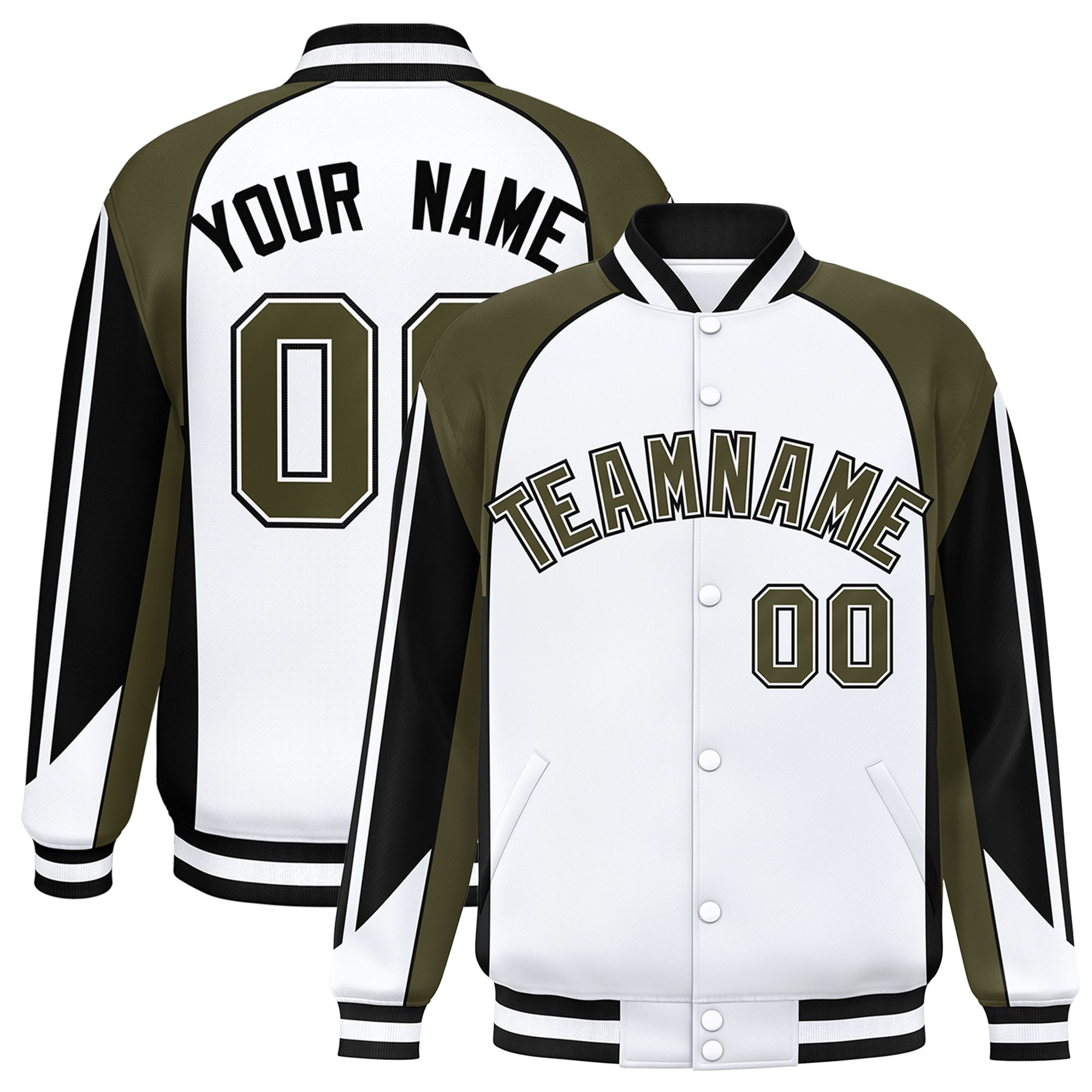 Custom White Olive Varsity Full-Snap Personalized Raglan Sleeves Color Block Letterman Jacket