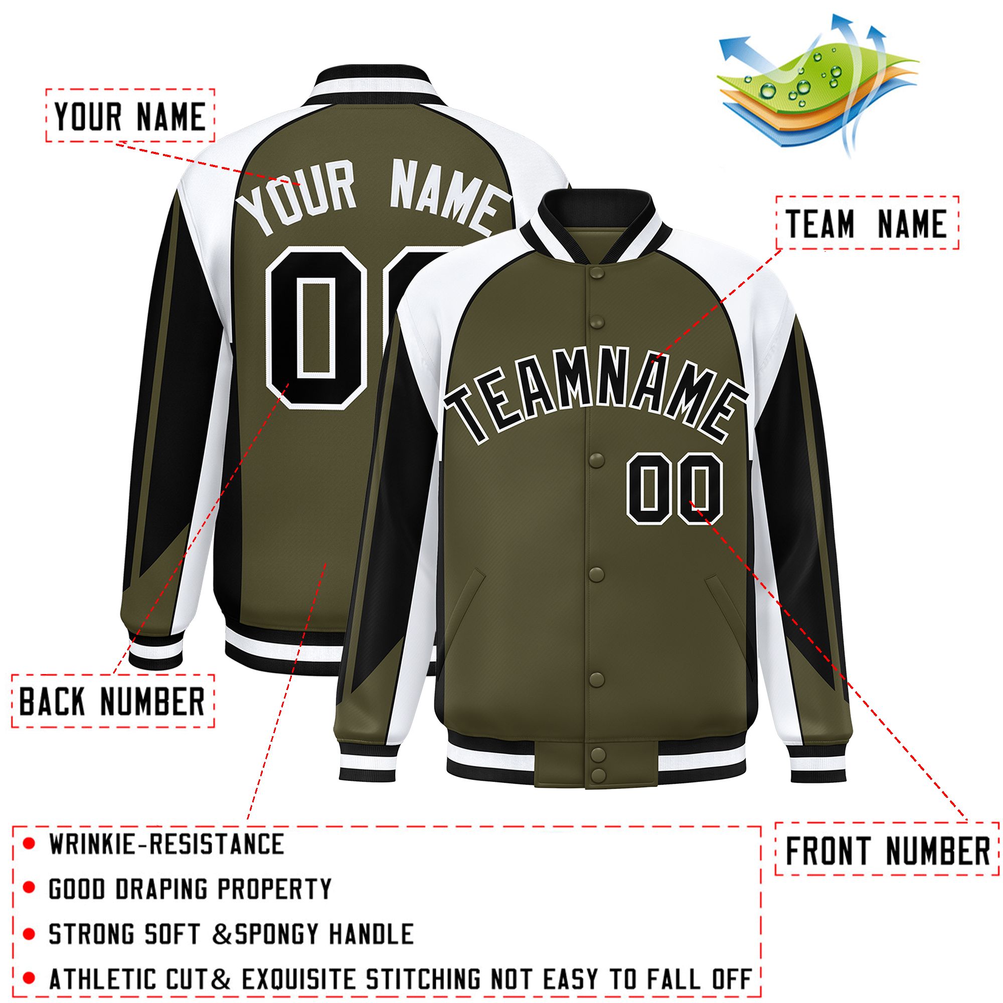 Custom Olive White Varsity Full-Snap Personalized Raglan Sleeves Color Block Letterman Jacket