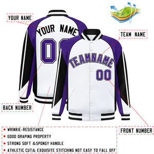 Custom White Purple Varsity Full-Snap Personalized Raglan Sleeves Color Block Letterman Jacket