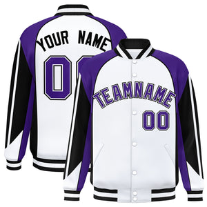 Custom White Purple Varsity Full-Snap Personalized Raglan Sleeves Color Block Letterman Jacket