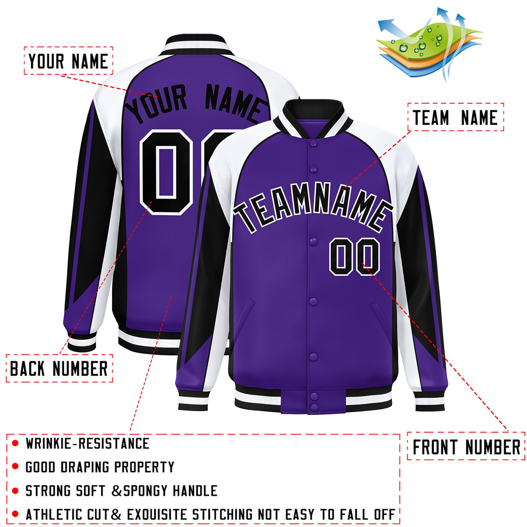 Custom Purple White Varsity Full-Snap Personalized Raglan Sleeves Color Block Letterman Jacket