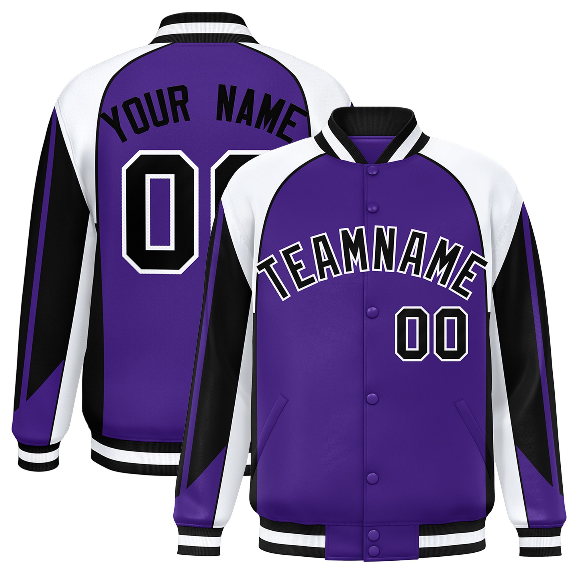 Custom Purple White Varsity Full-Snap Personalized Raglan Sleeves Color Block Letterman Jacket