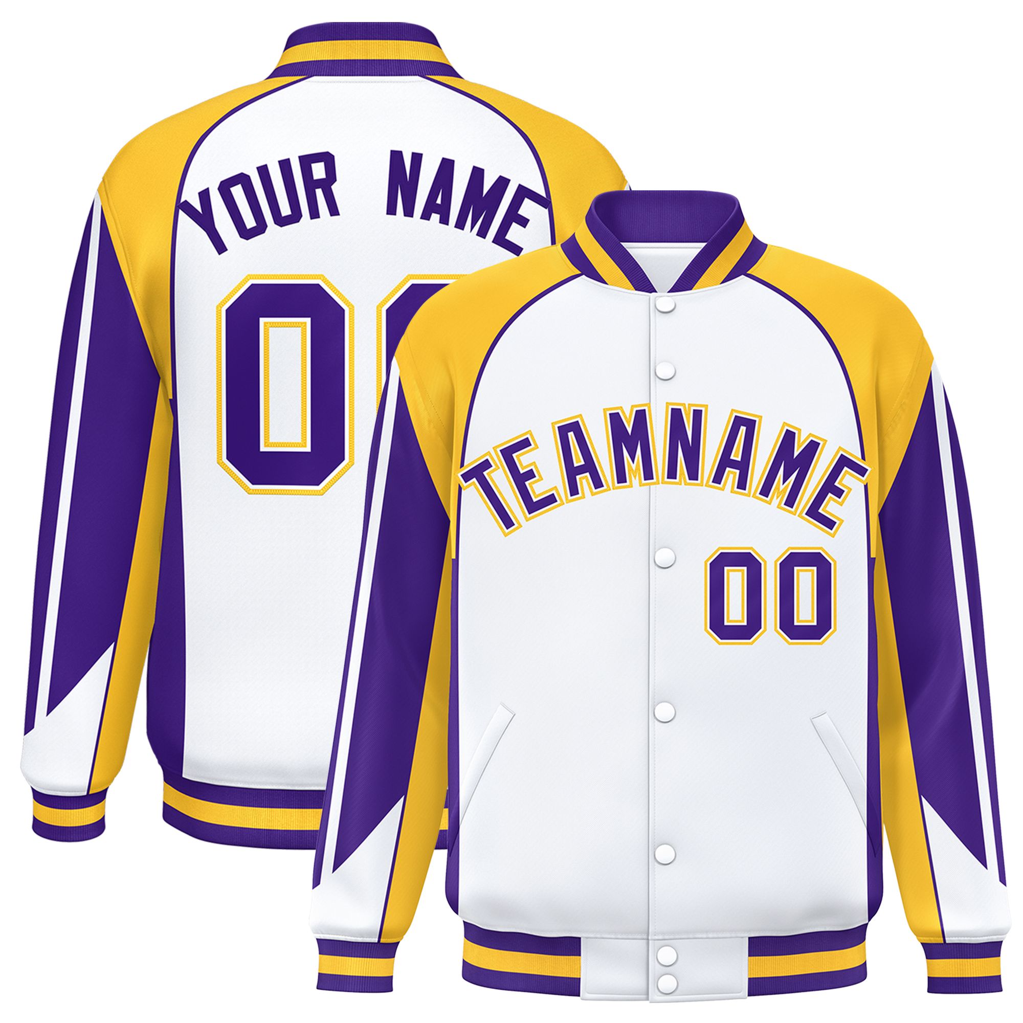 Custom White Gold Varsity Full-Snap Personalized Raglan Sleeves Color Block Letterman Jacket