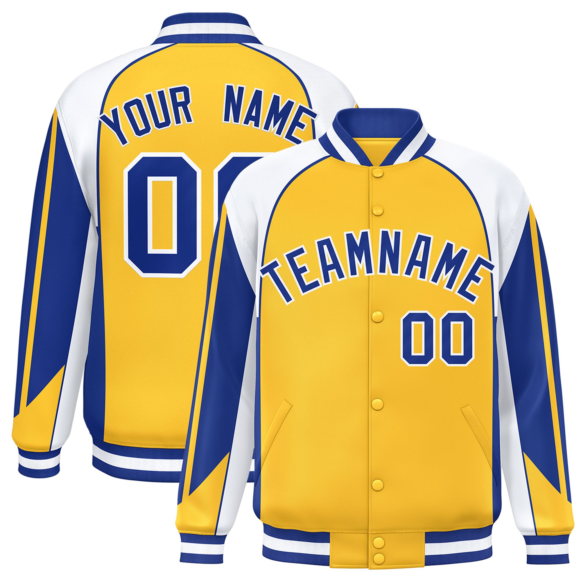 Custom Gold White Varsity Full-Snap Personalized Raglan Sleeves Color Block Letterman Jacket