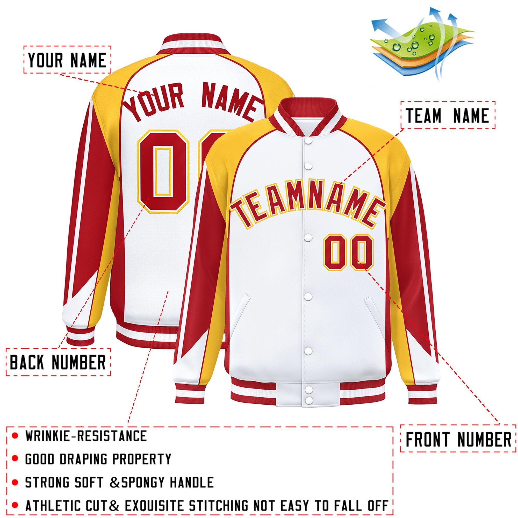 Custom White Gold Varsity Full-Snap Personalized Raglan Sleeves Color Block Letterman Jacket