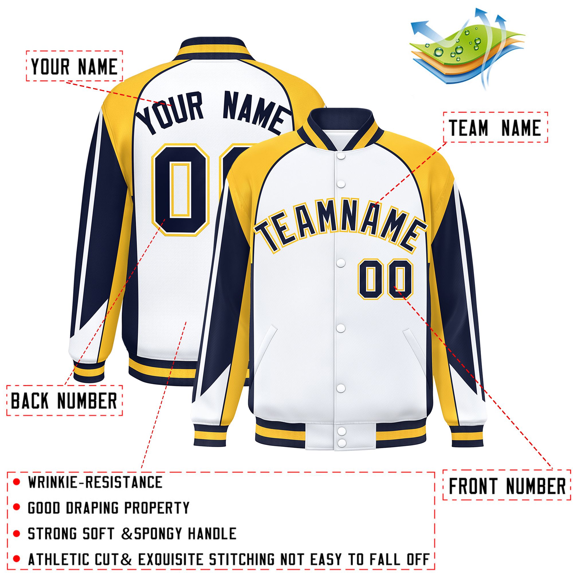 Custom White Gold Varsity Full-Snap Personalized Raglan Sleeves Color Block Letterman Jacket