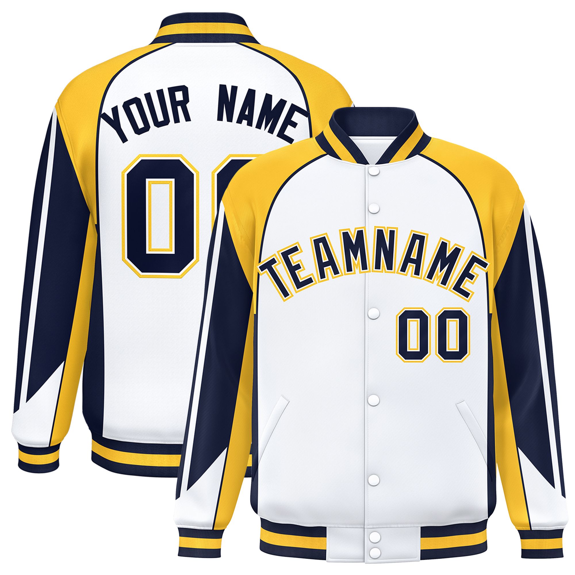 Custom White Gold Varsity Full-Snap Personalized Raglan Sleeves Color Block Letterman Jacket