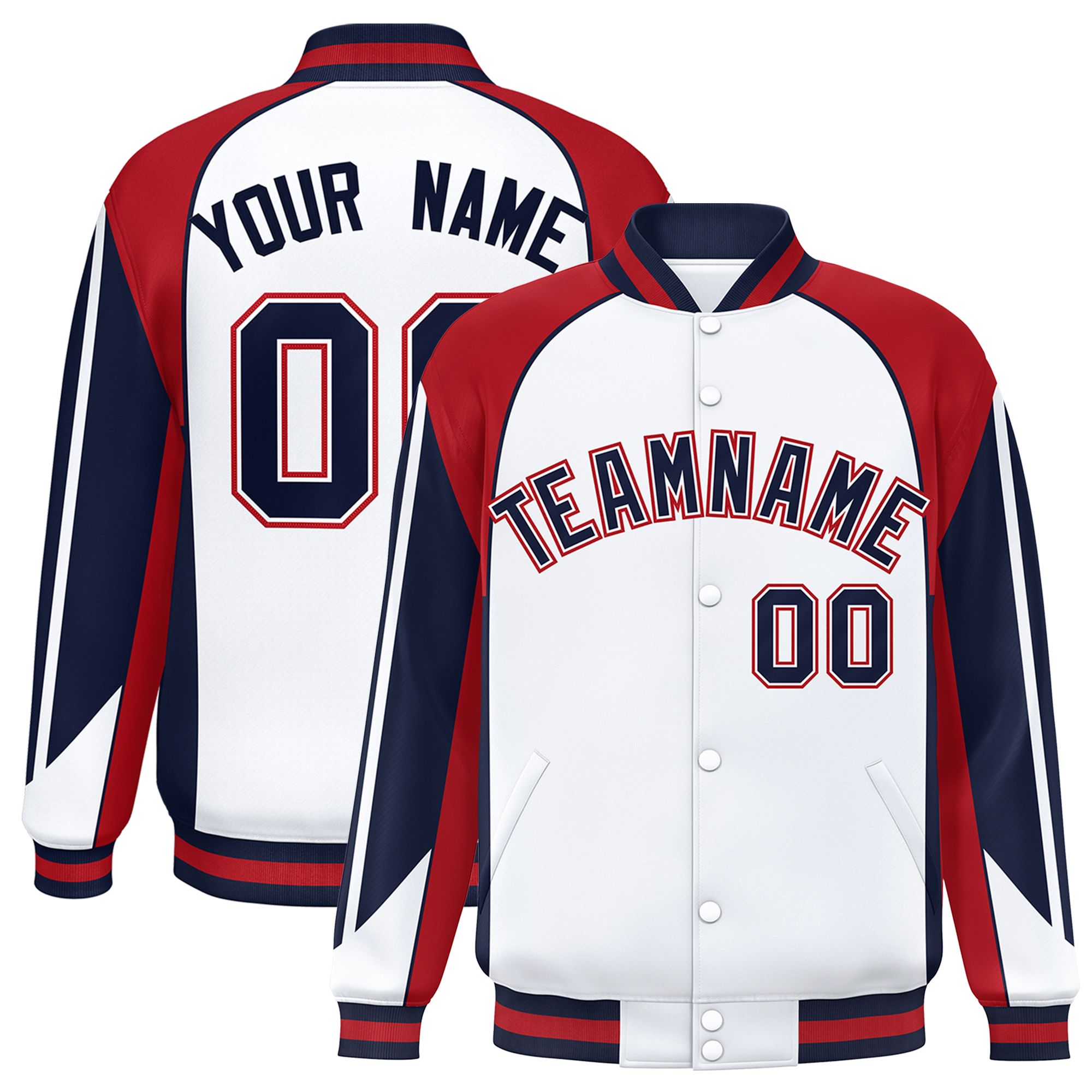 Custom White Red Varsity Full-Snap Personalized Raglan Sleeves Color Block Letterman Jacket