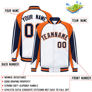 Custom White Orange Varsity Full-Snap Personalized Raglan Sleeves Color Block Letterman Jacket