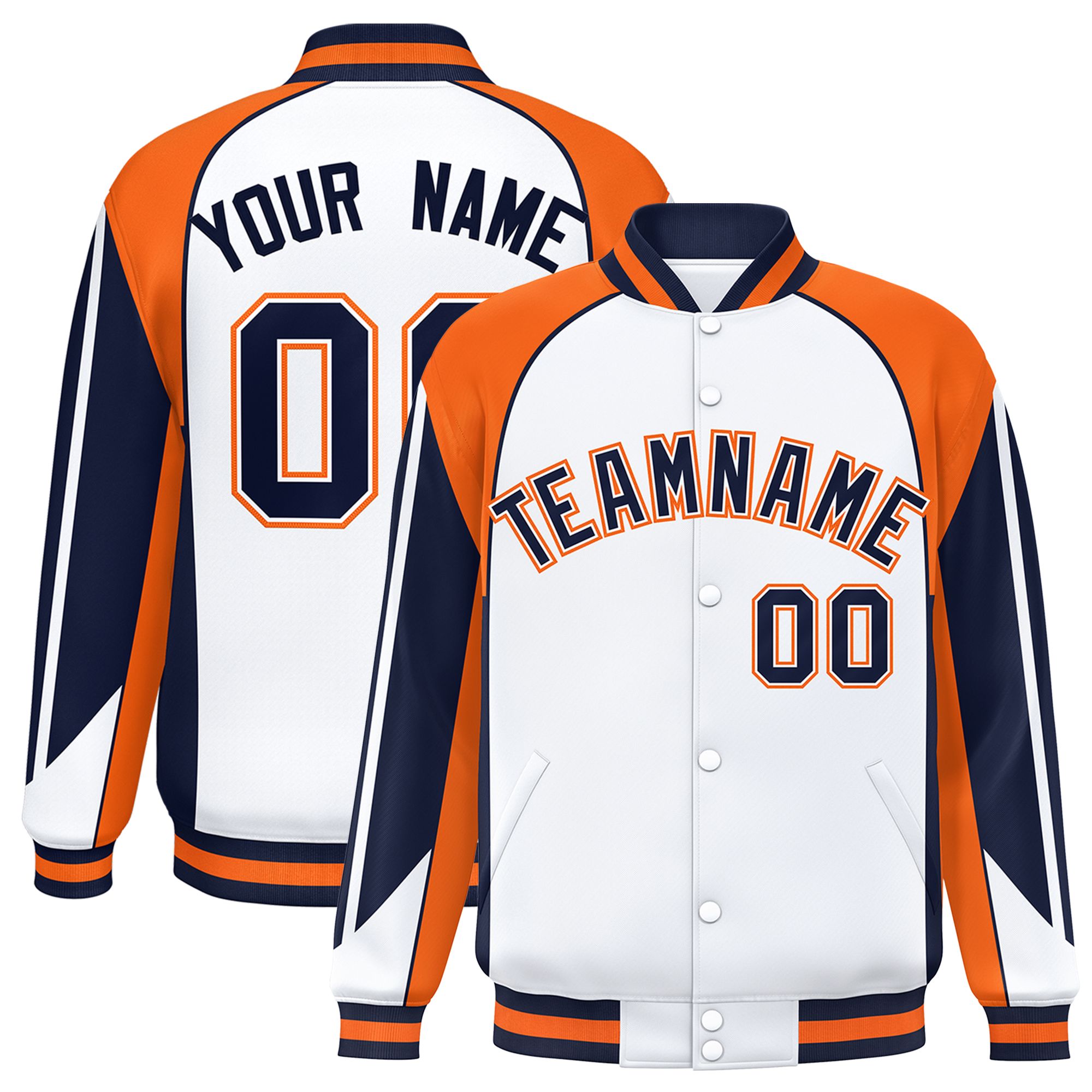 Custom White Orange Varsity Full-Snap Personalized Raglan Sleeves Color Block Letterman Jacket