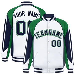 Custom White Kelly Green Varsity Full-Snap Personalized Raglan Sleeves Color Block Letterman Jacket