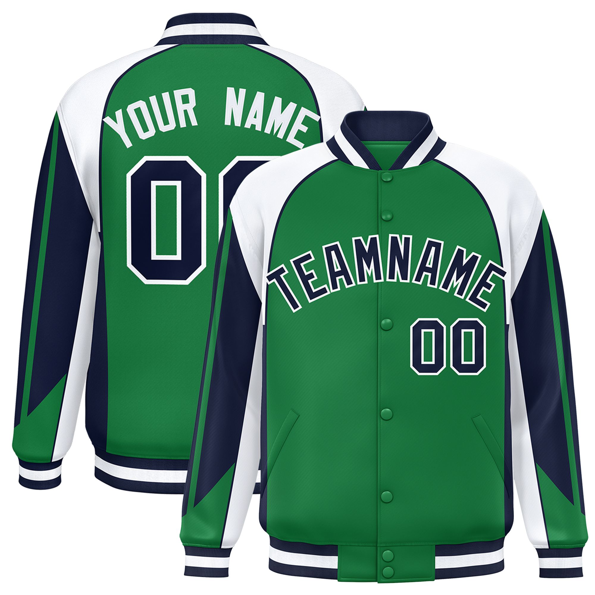 Custom Kelly Green White Varsity Full-Snap Personalized Raglan Sleeves Color Block Letterman Jacket