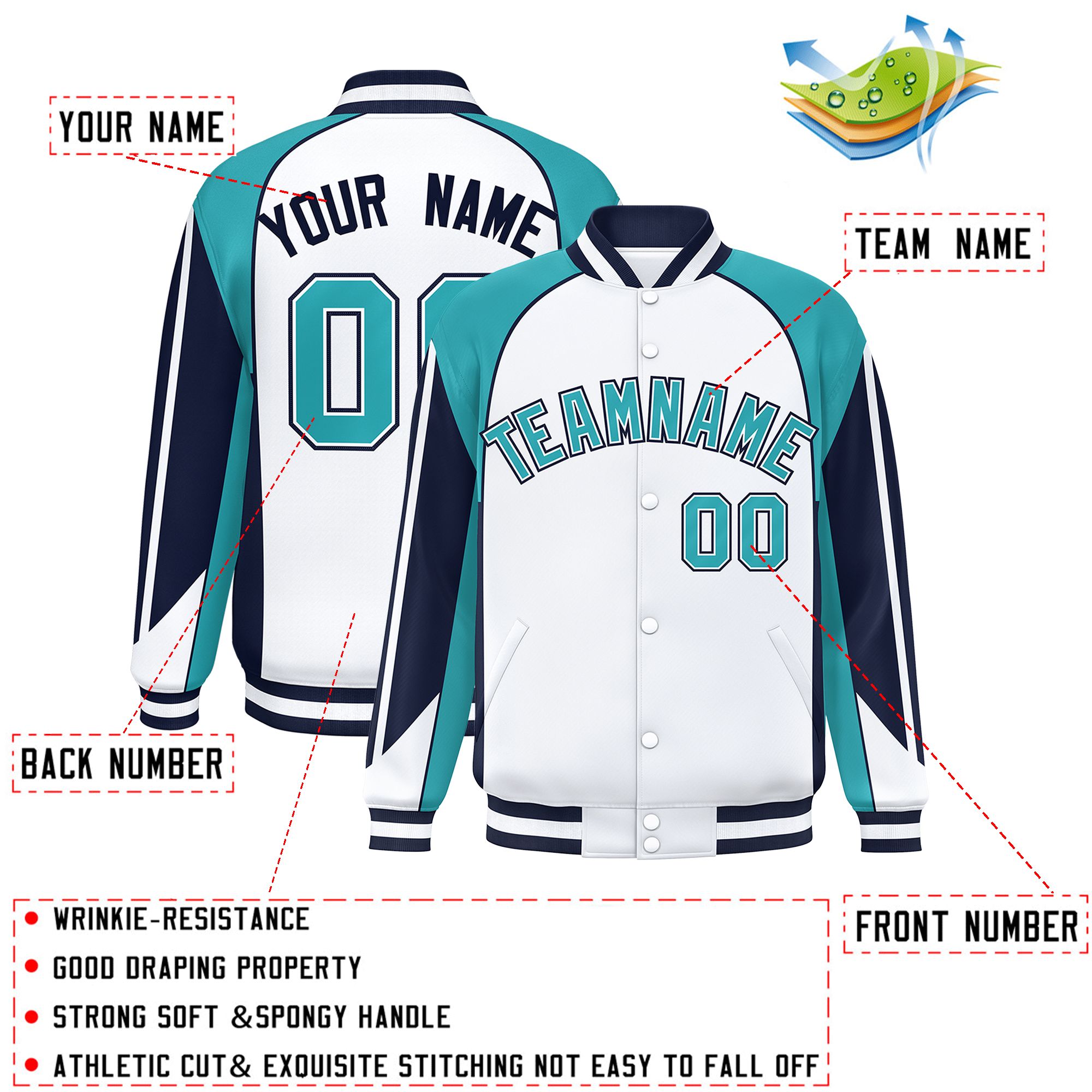 Custom White Aqua Varsity Full-Snap Personalized Raglan Sleeves Color Block Letterman Jacket