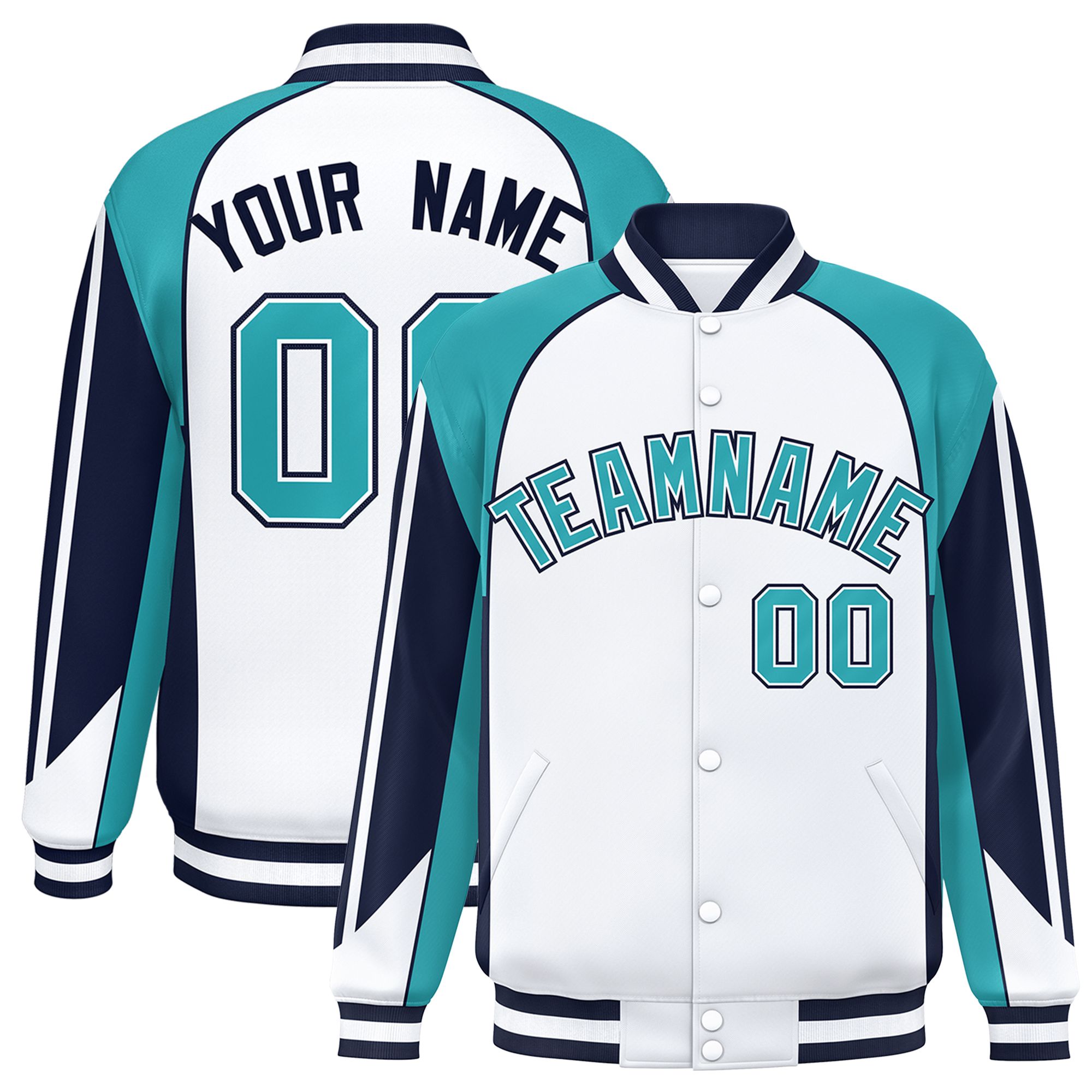 Custom White Aqua Varsity Full-Snap Personalized Raglan Sleeves Color Block Letterman Jacket