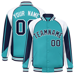 Custom Aqua White Varsity Full-Snap Personalized Raglan Sleeves Color Block Letterman Jacket