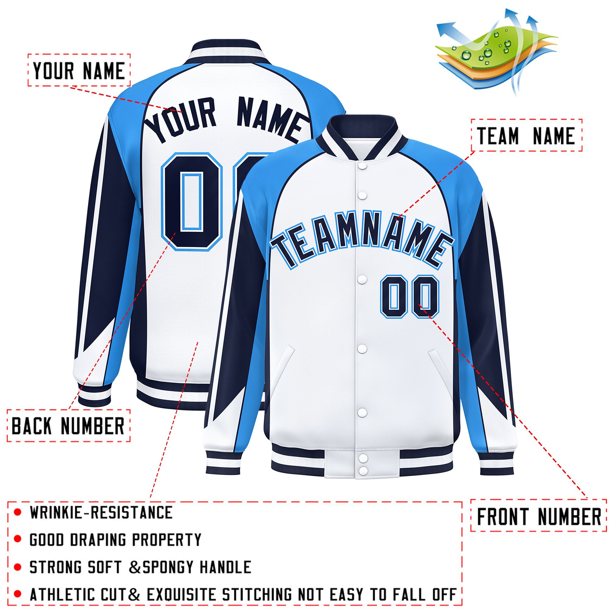 Custom White Powder Blue Varsity Full-Snap Personalized Raglan Sleeves Color Block Letterman Jacket