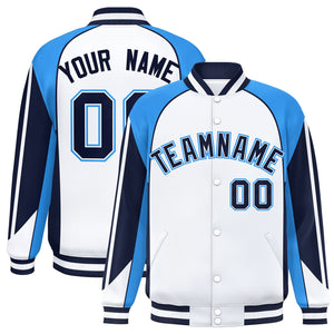 Custom White Powder Blue Varsity Full-Snap Personalized Raglan Sleeves Color Block Letterman Jacket