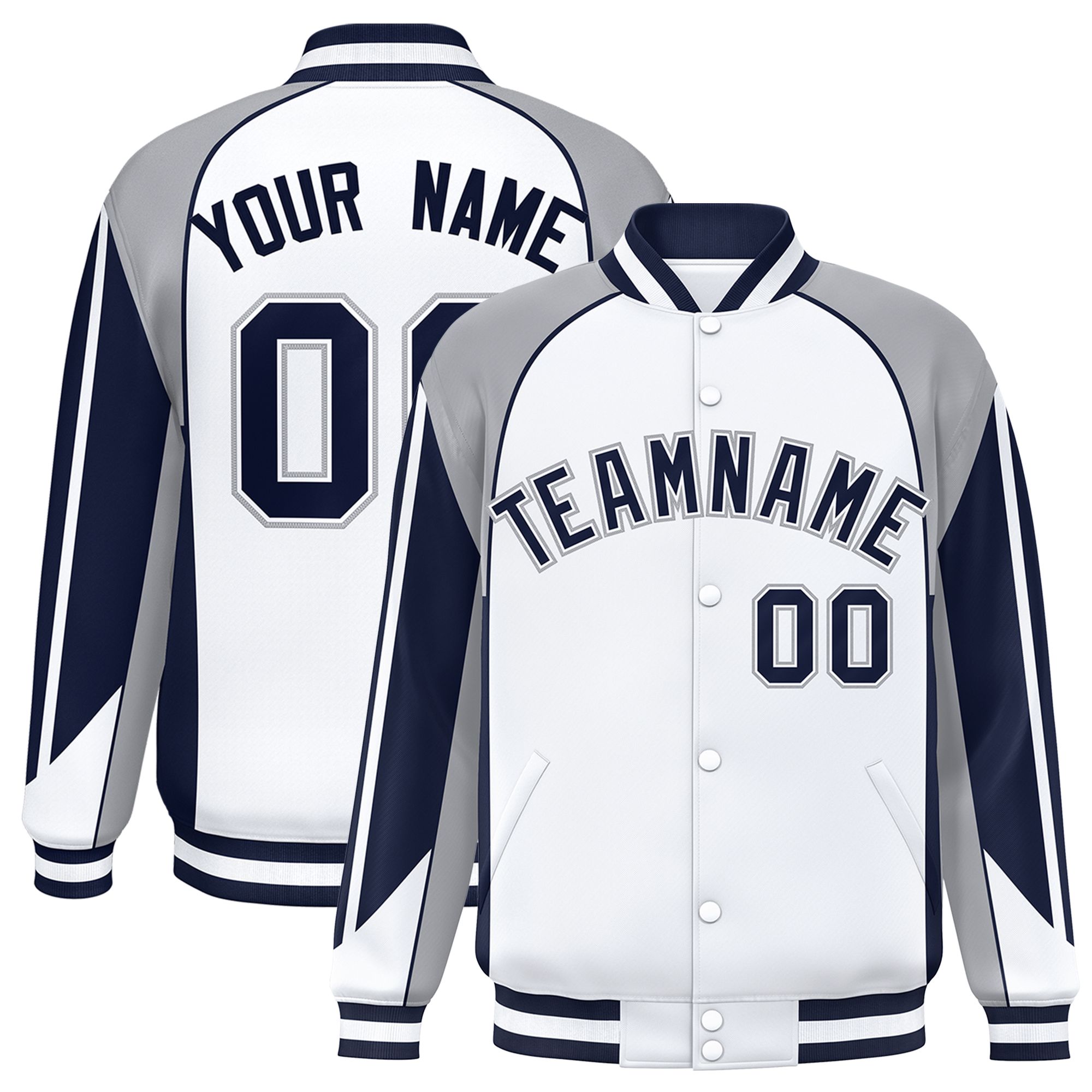 Custom White Gray Varsity Full-Snap Personalized Raglan Sleeves Color Block Letterman Jacket