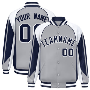 Custom Gray White Varsity Full-Snap Personalized Raglan Sleeves Color Block Letterman Jacket