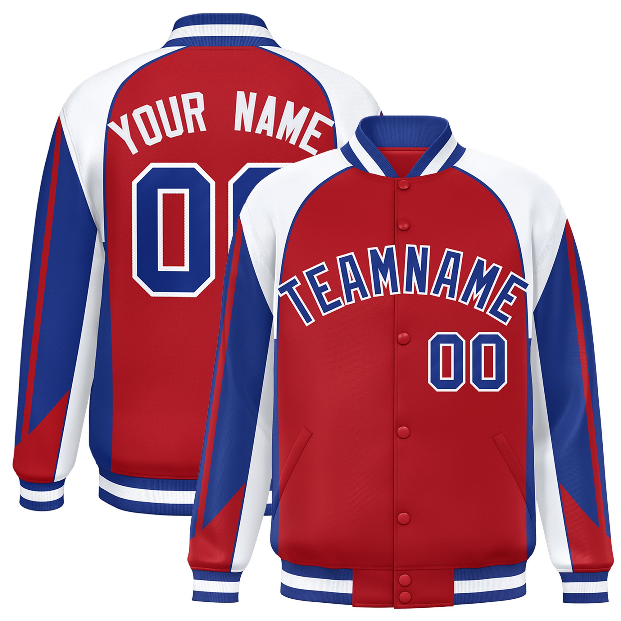 Custom Red White Varsity Full-Snap Personalized Raglan Sleeves Color Block Letterman Jacket