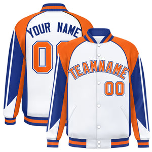 Custom White Orange Varsity Full-Snap Personalized Raglan Sleeves Color Block Letterman Jacket