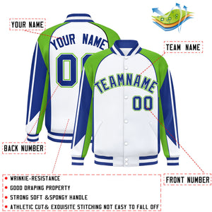 Custom White Green Varsity Full-Snap Personalized Raglan Sleeves Color Block Letterman Jacket