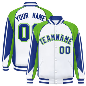 Custom White Green Varsity Full-Snap Personalized Raglan Sleeves Color Block Letterman Jacket