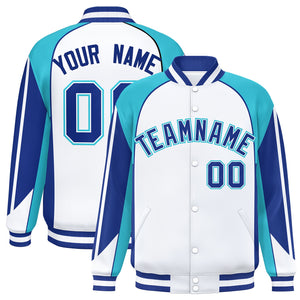 Custom White Sky Blue Varsity Full-Snap Personalized Raglan Sleeves Color Block Letterman Jacket