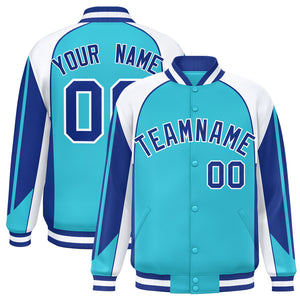 Custom Sky Blue White Varsity Full-Snap Personalized Raglan Sleeves Color Block Letterman Jacket